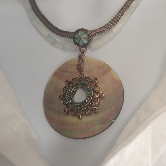Avon Multi Strand Mother Of Pearl Bronze Pendant Necklace Boho Peasant Western - Picture 3 of 14